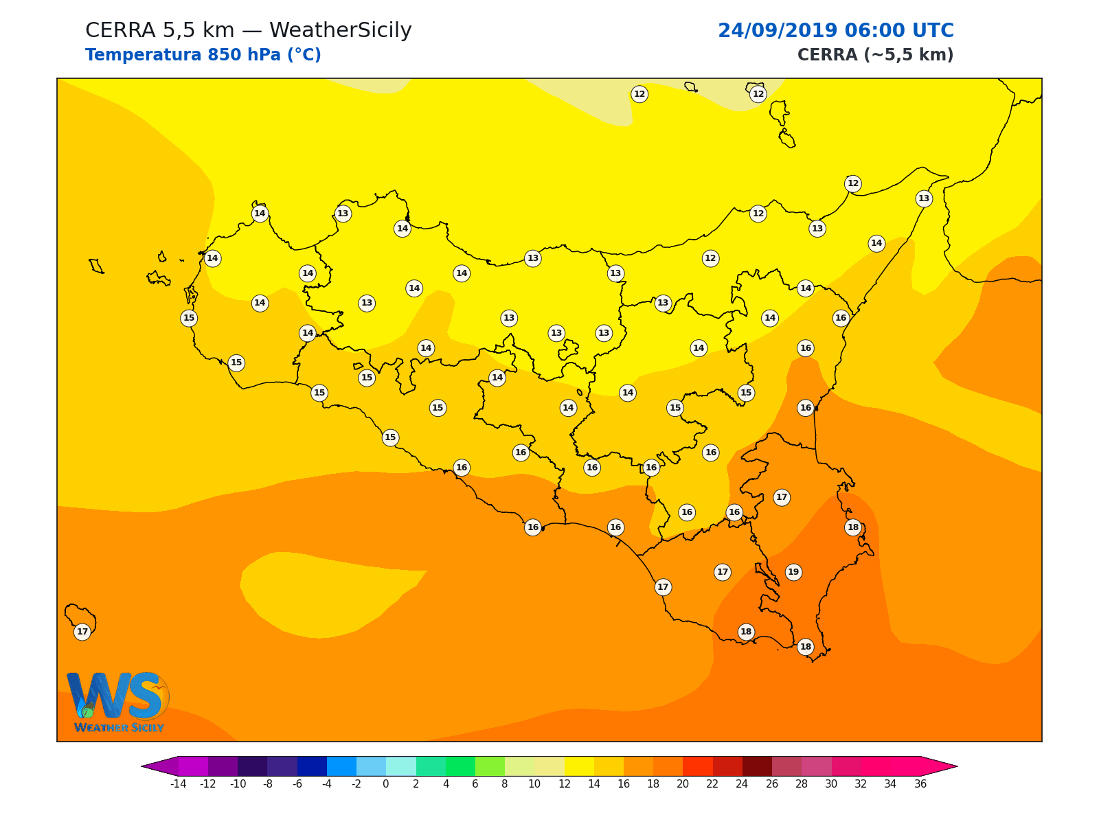 Temperatura a 850 hPa · 2019092406