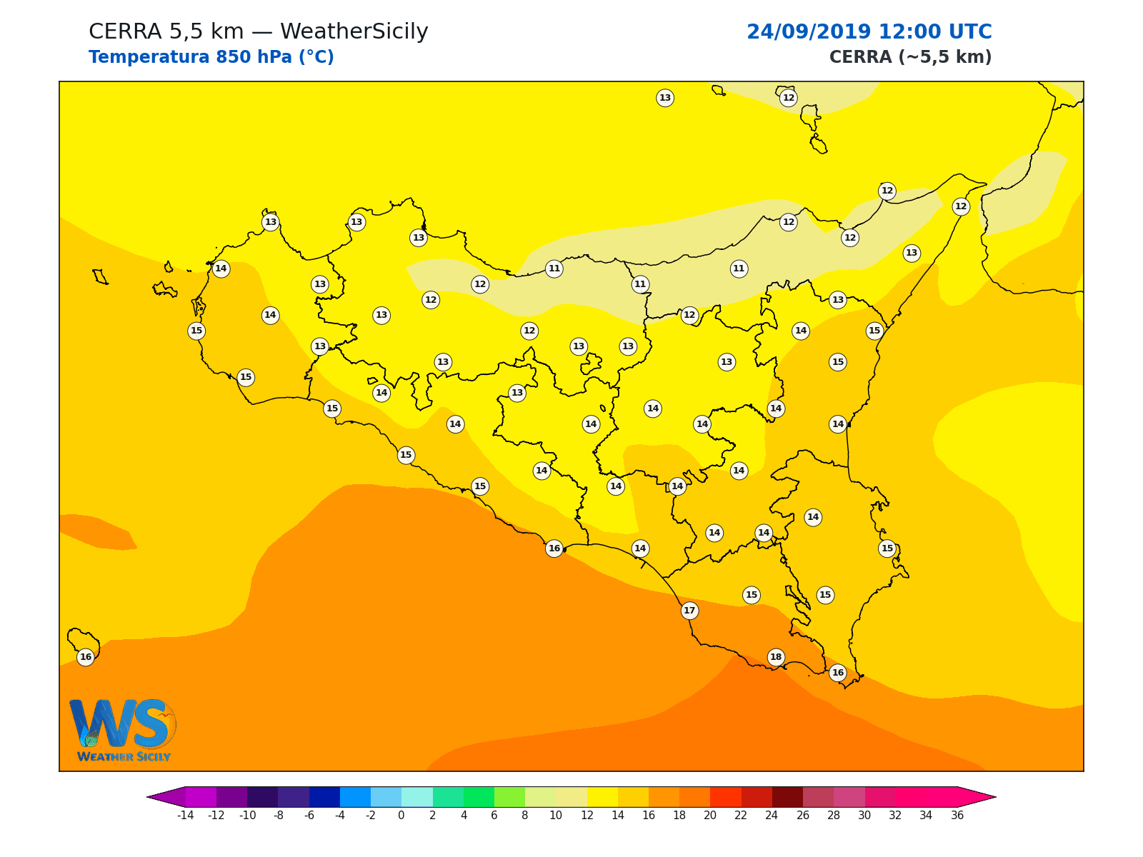 Temperatura a 850 hPa · 2019092412
