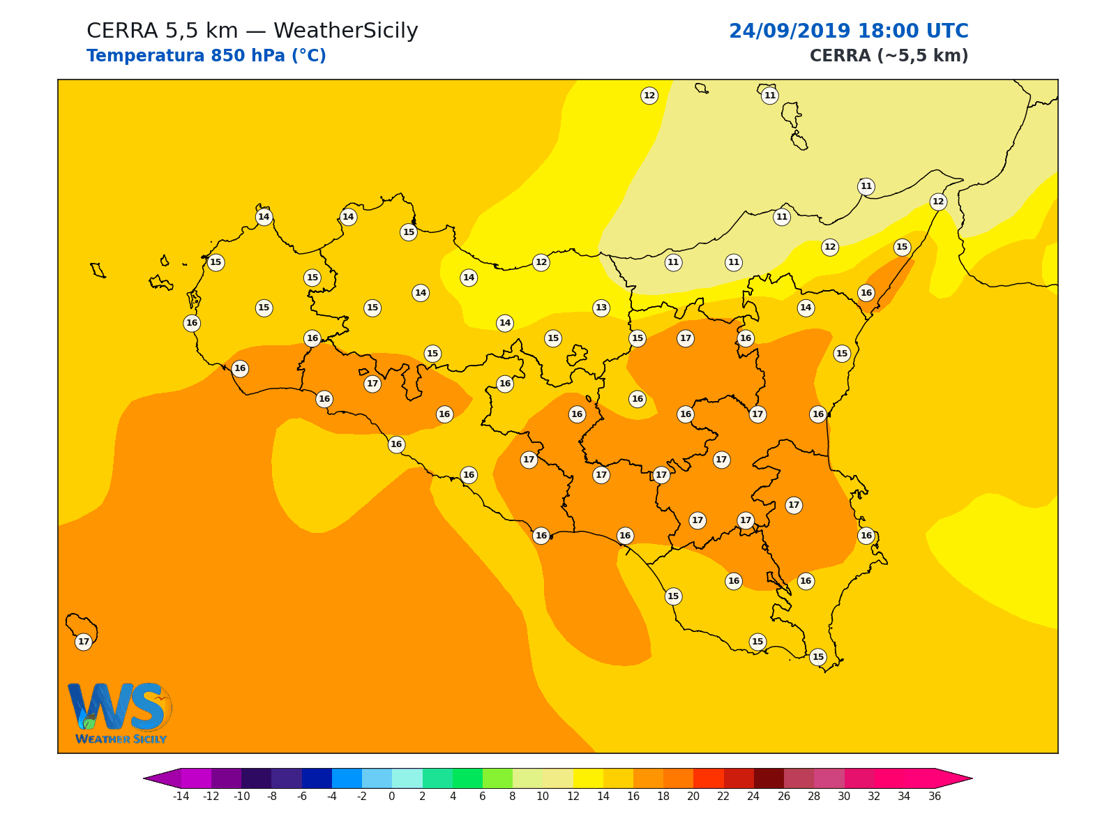 Temperatura a 850 hPa · 2019092418