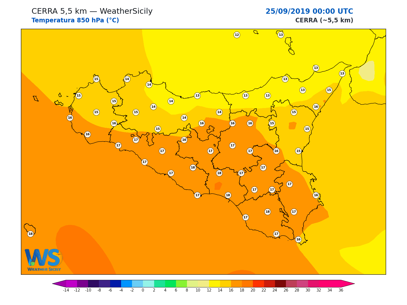 Temperatura a 850 hPa · 2019092500
