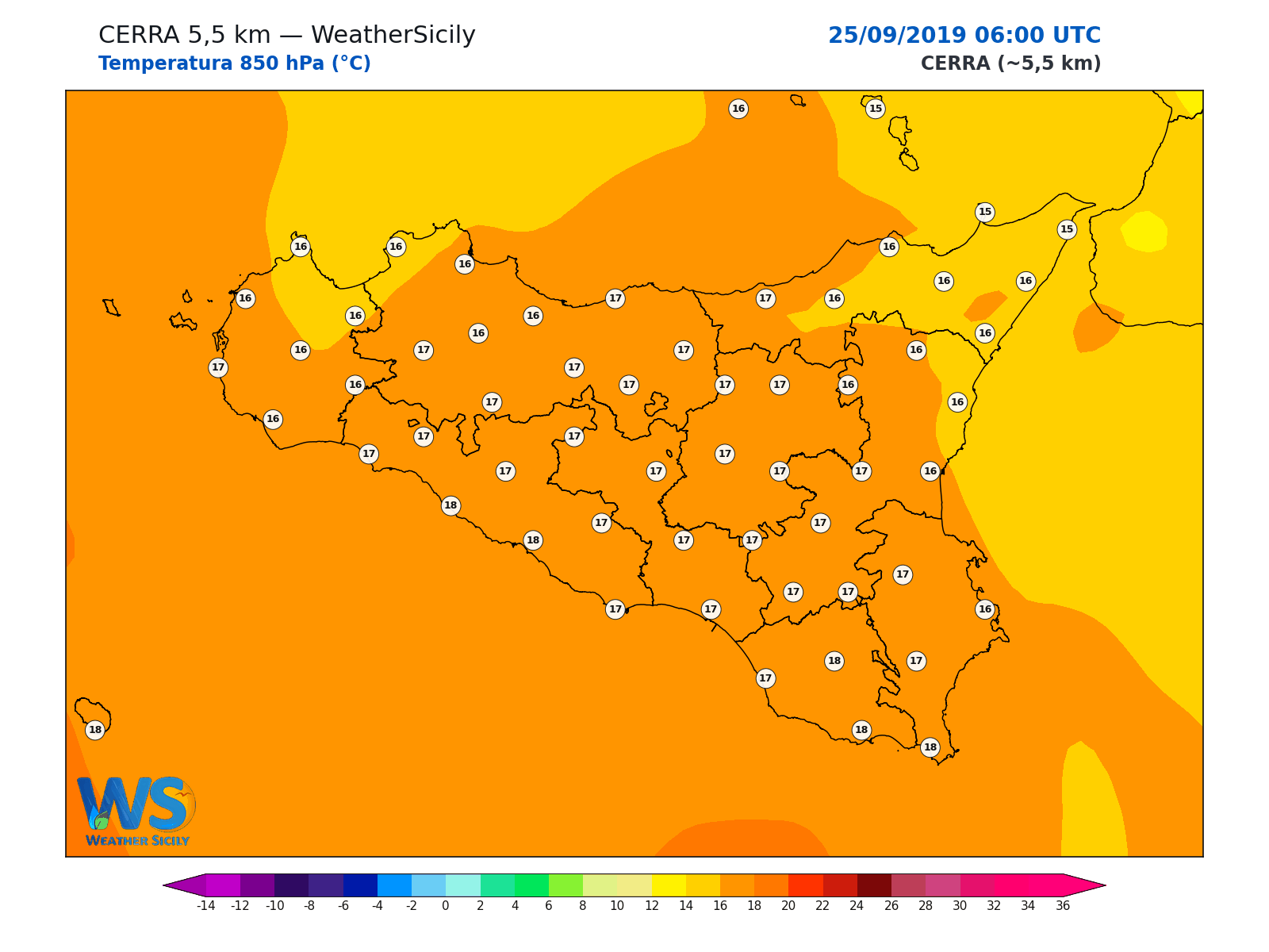 Temperatura a 850 hPa · 2019092506