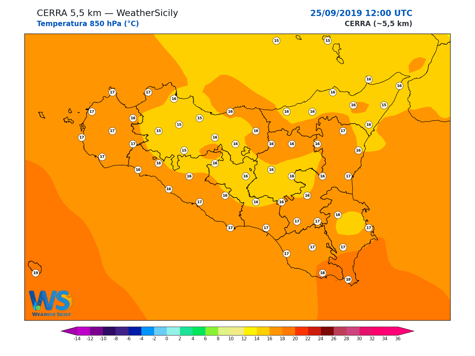 Temperatura a 850 hPa · 2019092512