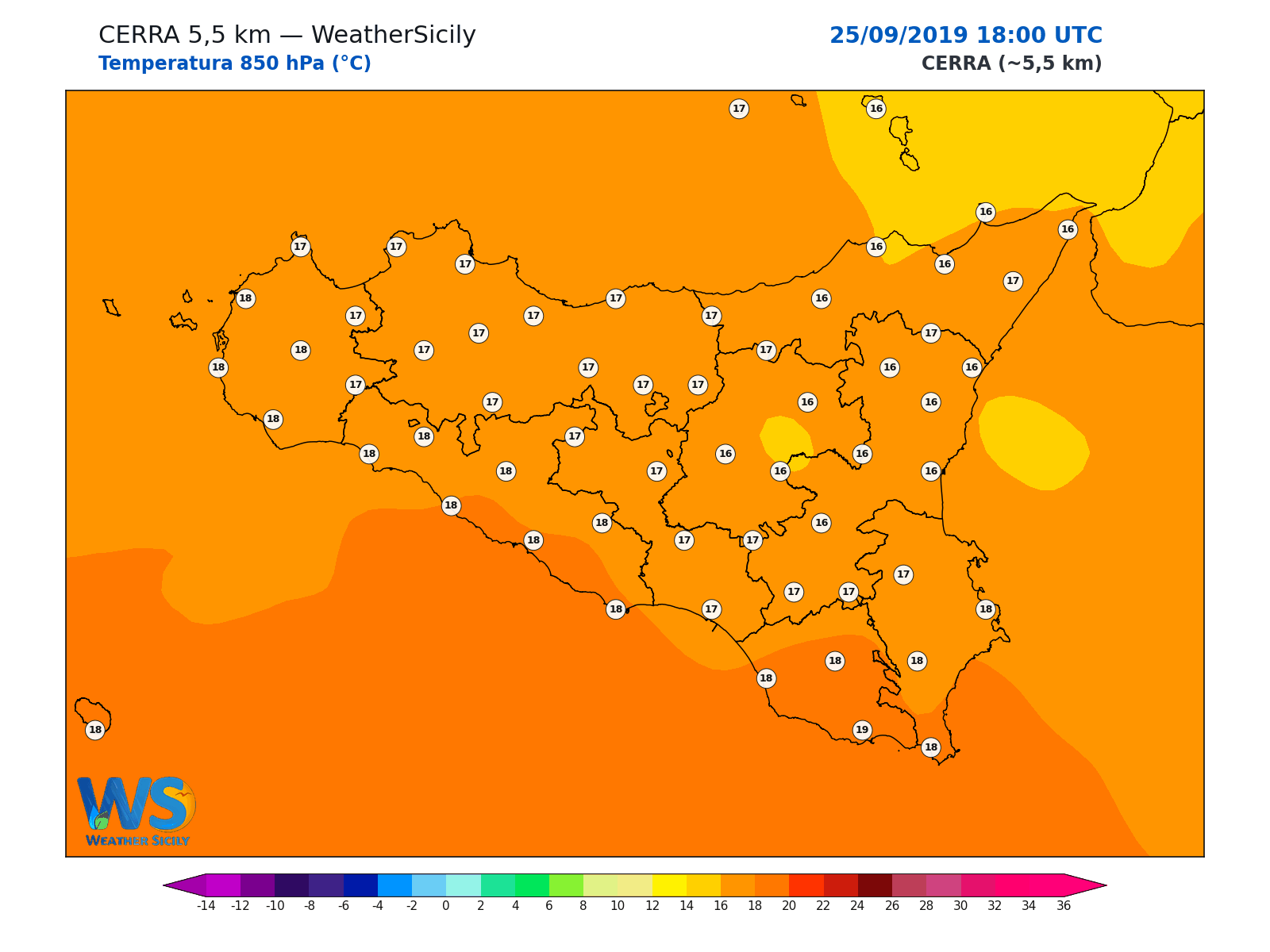 Temperatura a 850 hPa · 2019092518