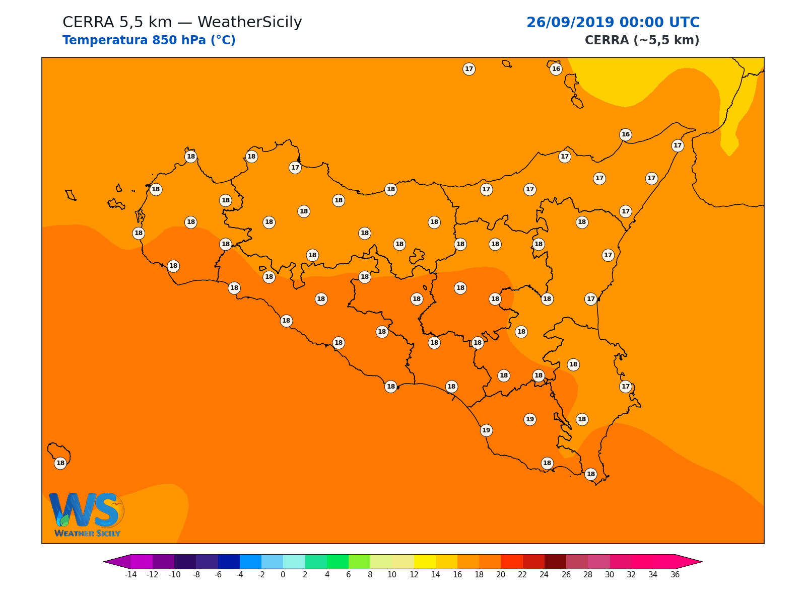 Temperatura a 850 hPa · 2019092600