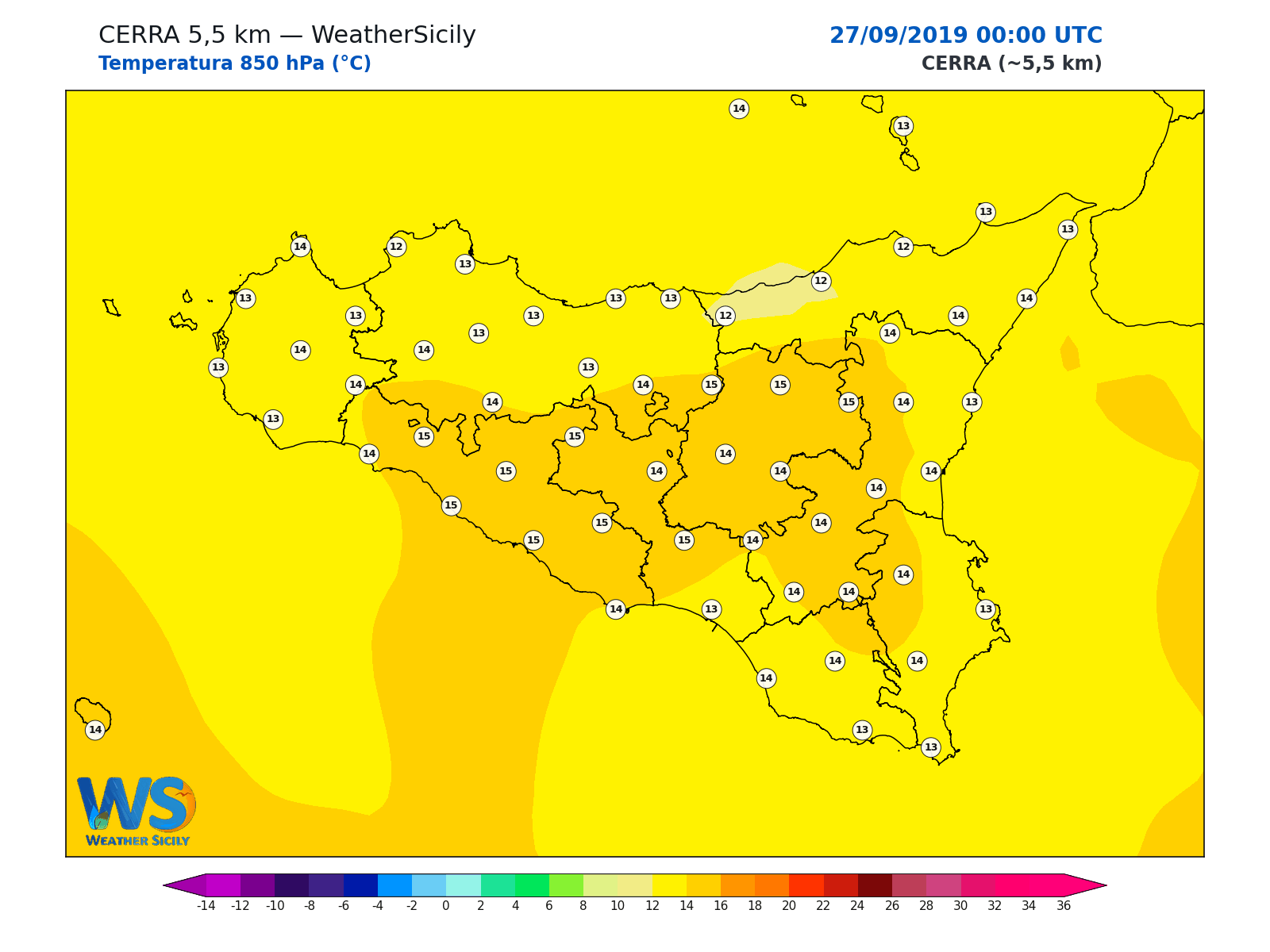 Temperatura a 850 hPa · 2019092700