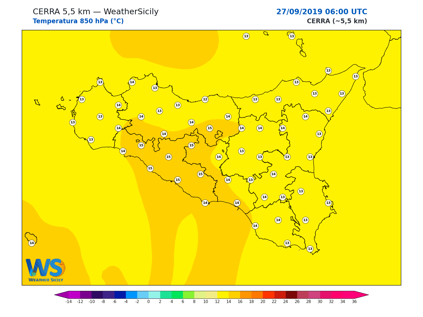 Temperatura a 850 hPa · 2019092706