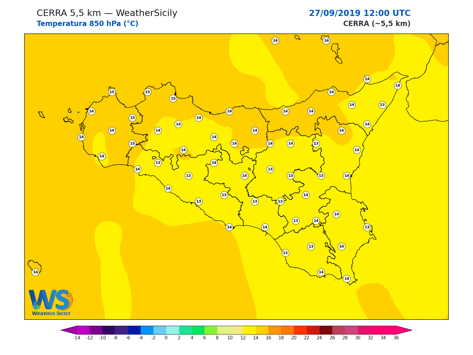 Temperatura a 850 hPa · 2019092712
