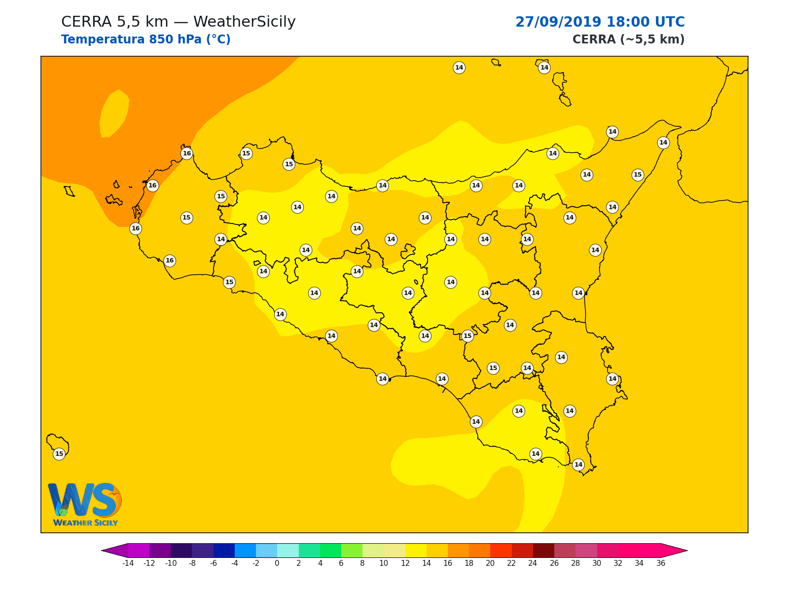 Temperatura a 850 hPa · 2019092718
