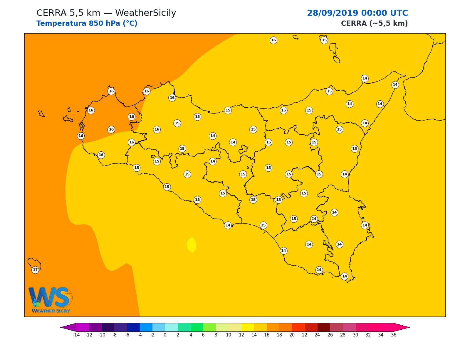 Temperatura a 850 hPa · 2019092800
