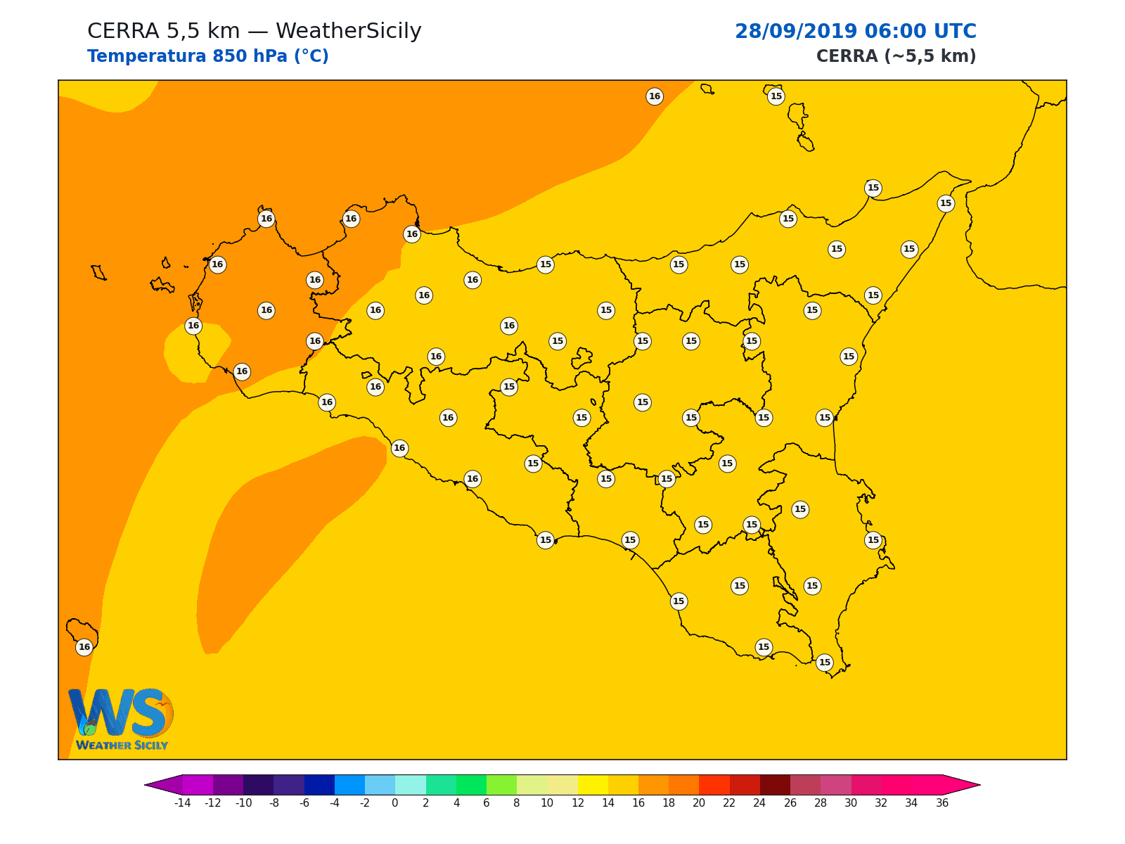 Temperatura a 850 hPa · 2019092806