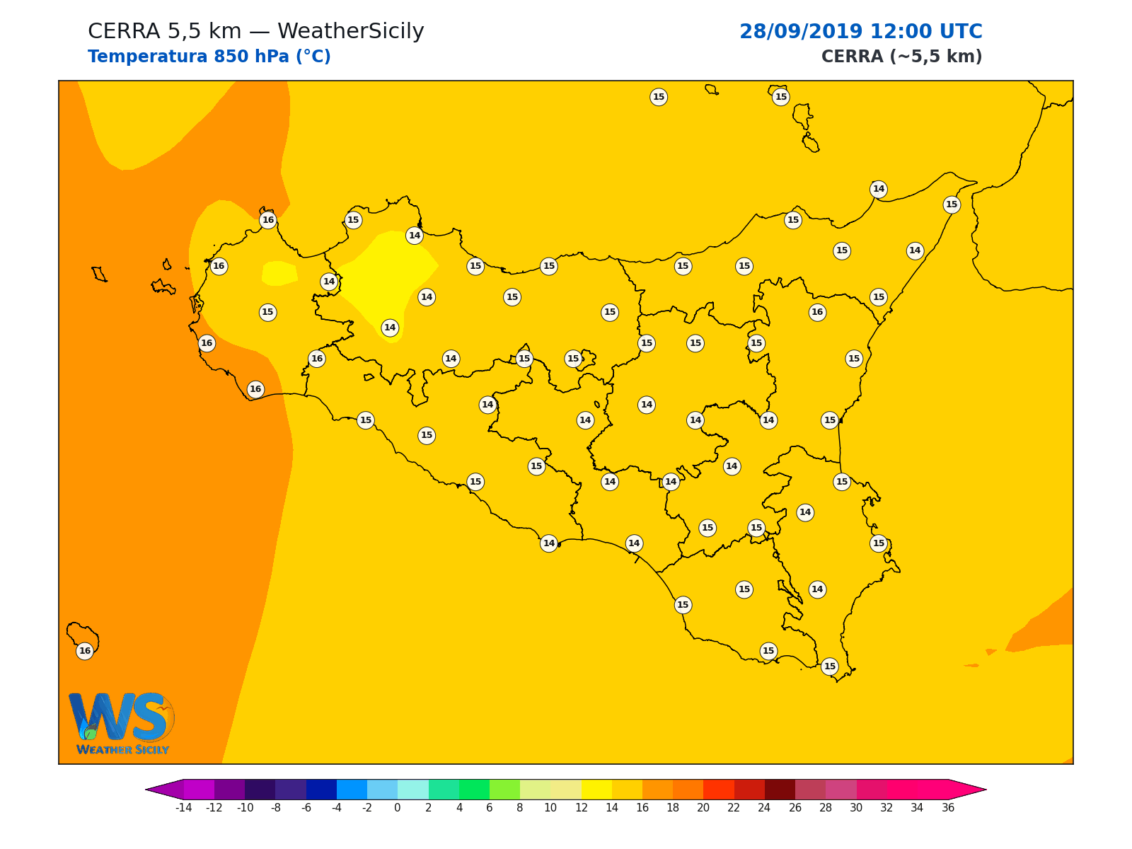 Temperatura a 850 hPa · 2019092812