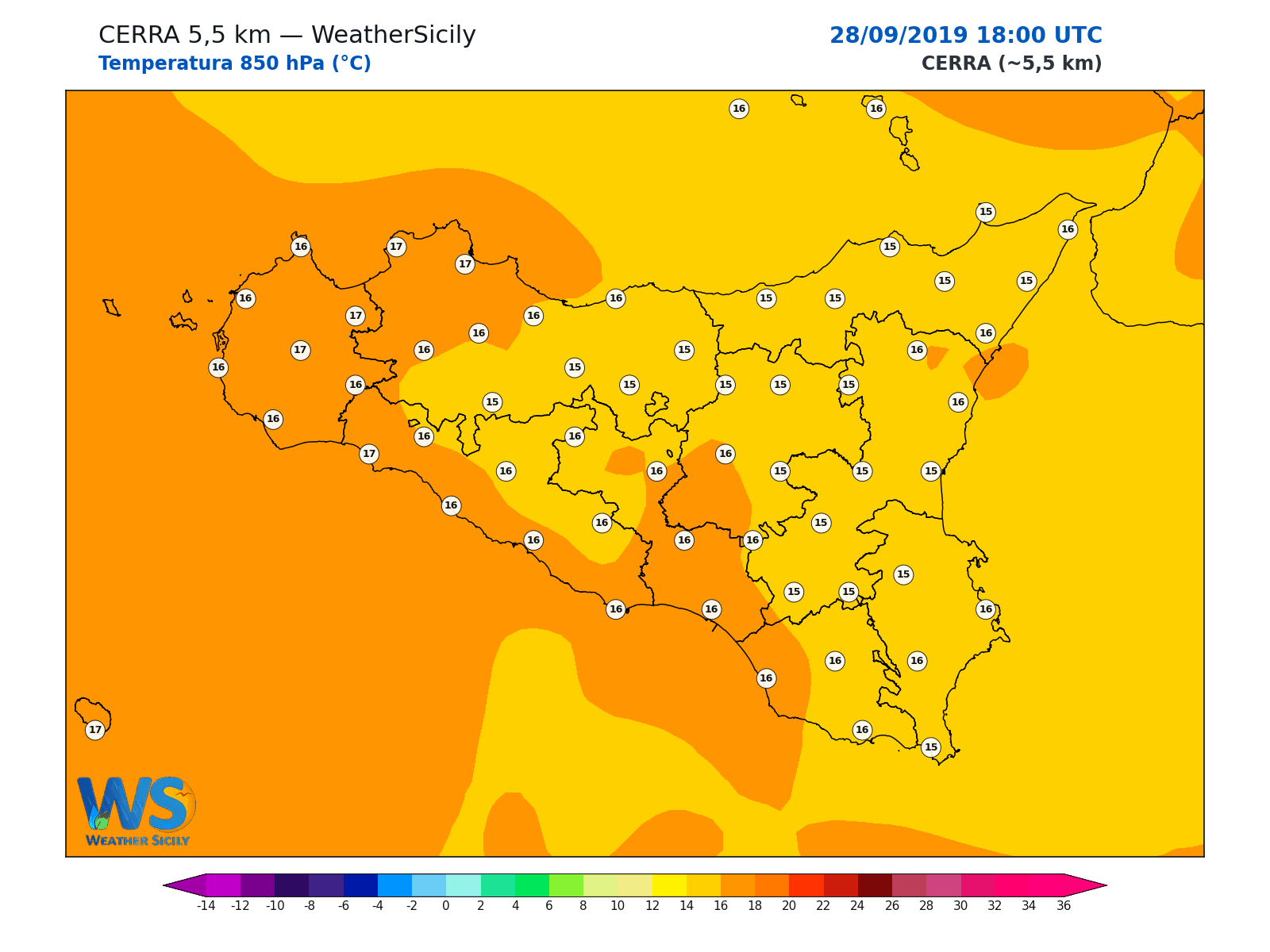 Temperatura a 850 hPa · 2019092818