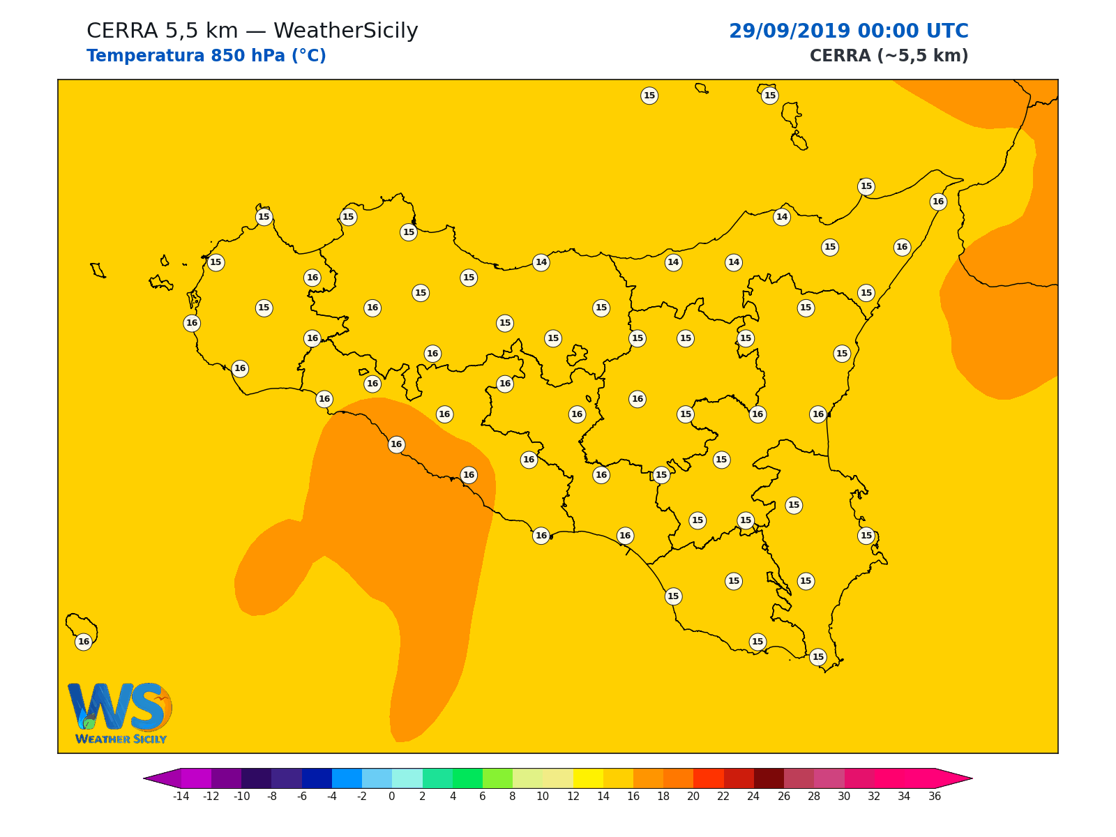 Temperatura a 850 hPa · 2019092900