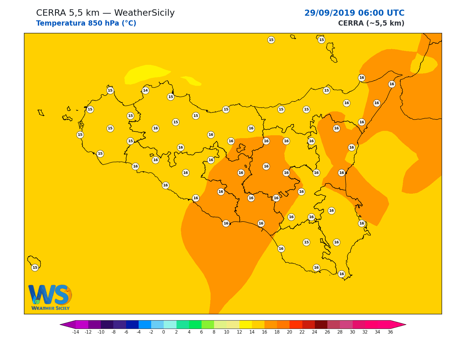 Temperatura a 850 hPa · 2019092906