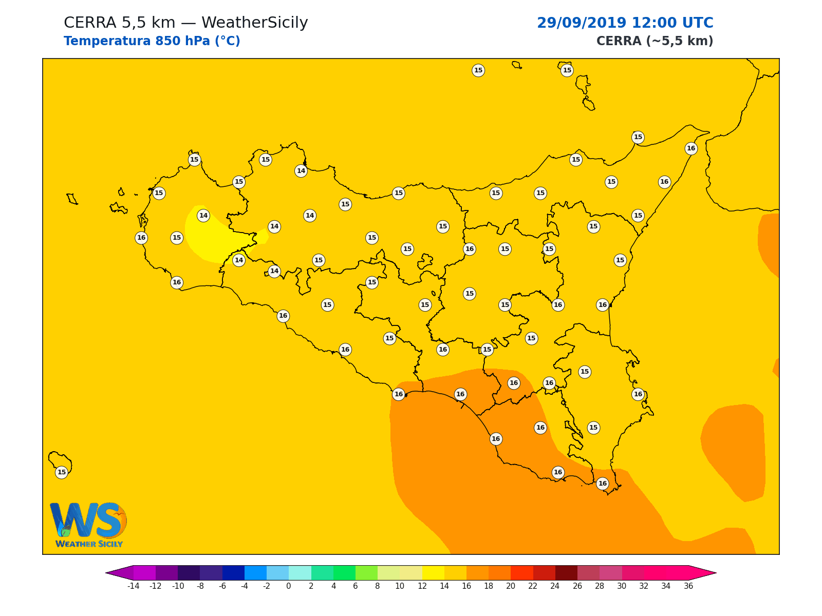 Temperatura a 850 hPa · 2019092912