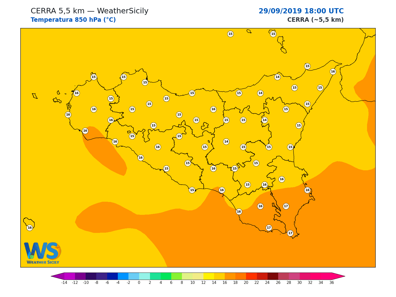 Temperatura a 850 hPa · 2019092918