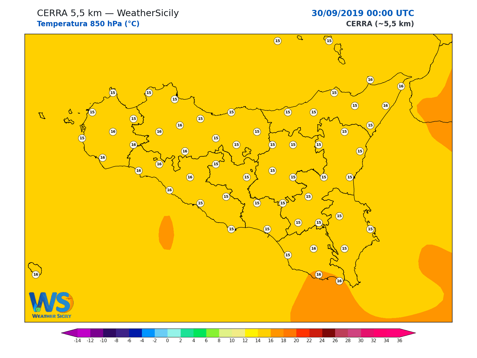 Temperatura a 850 hPa · 2019093000