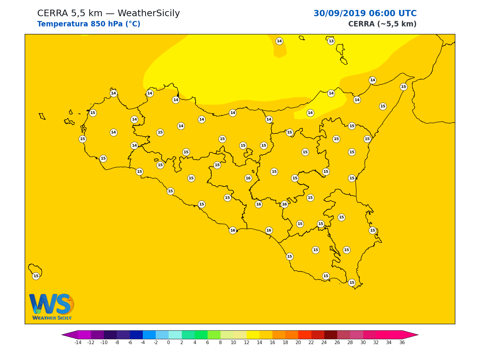 Temperatura a 850 hPa · 2019093006