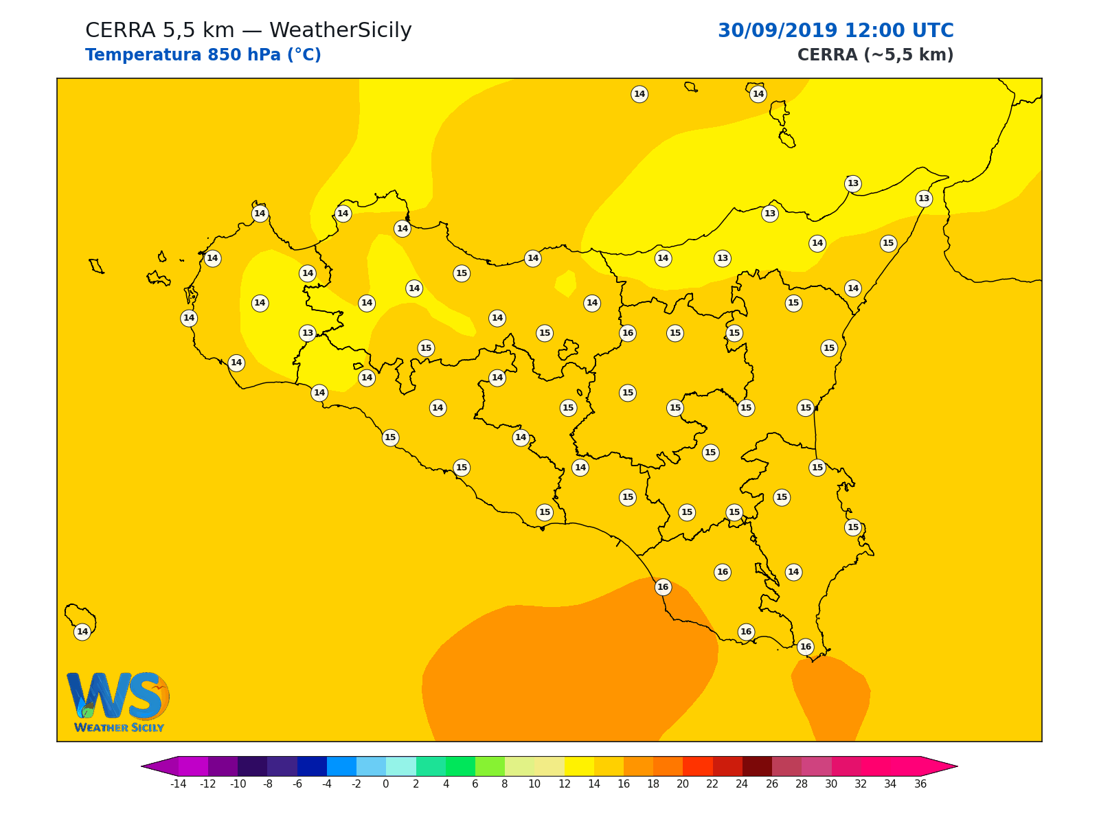 Temperatura a 850 hPa · 2019093012