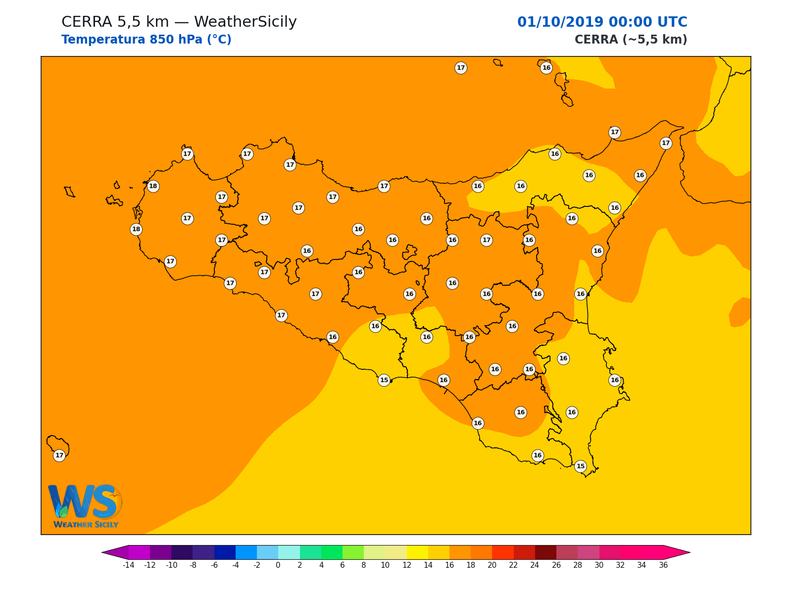 Temperatura a 850 hPa · 2019100100