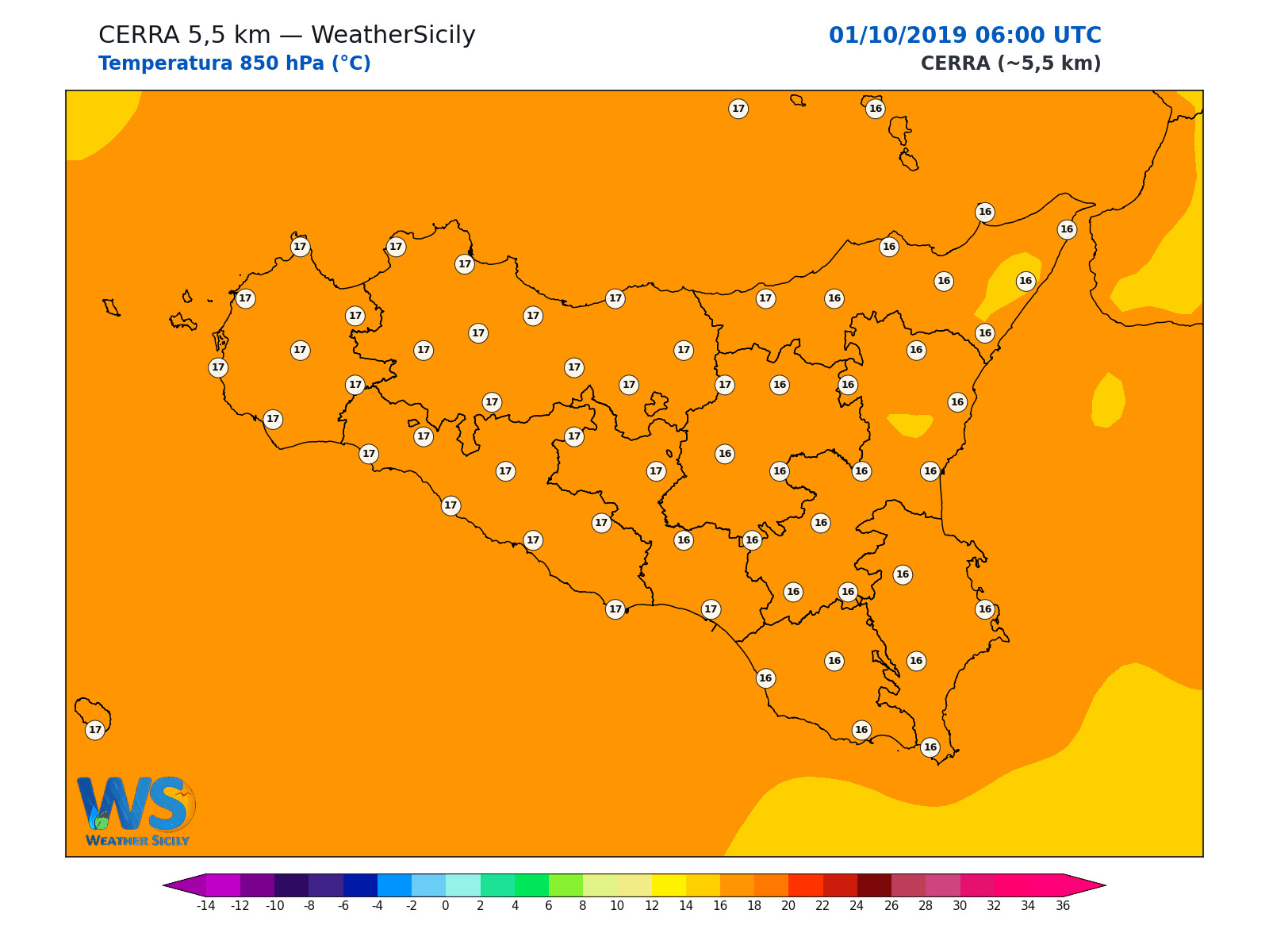 Temperatura a 850 hPa · 2019100106