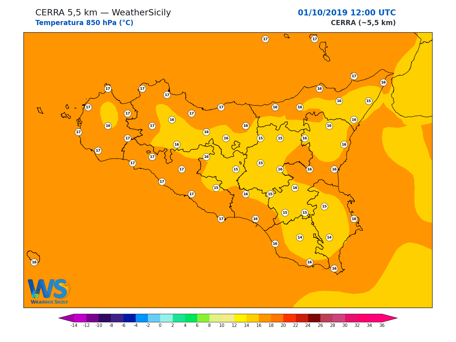 Temperatura a 850 hPa · 2019100112