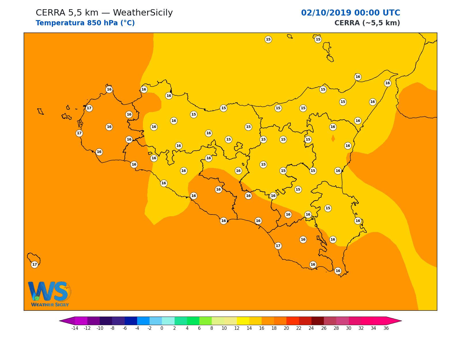 Temperatura a 850 hPa · 2019100200