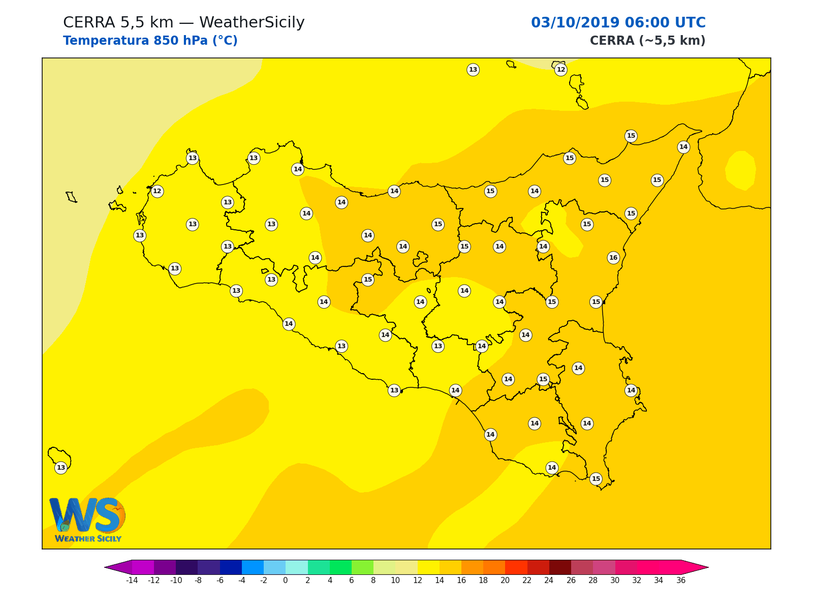 Temperatura a 850 hPa · 2019100306