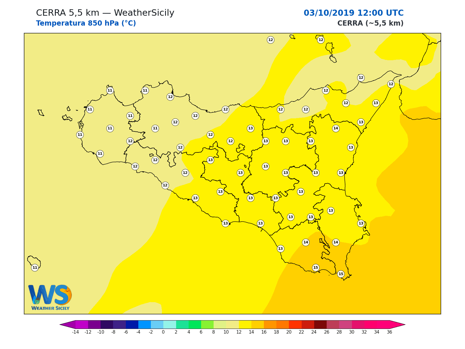 Temperatura a 850 hPa · 2019100312