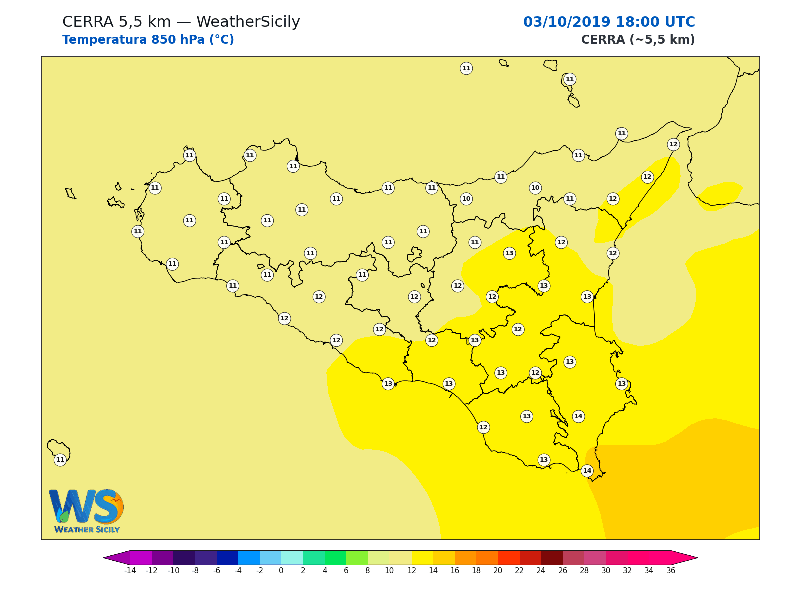 Temperatura a 850 hPa · 2019100318