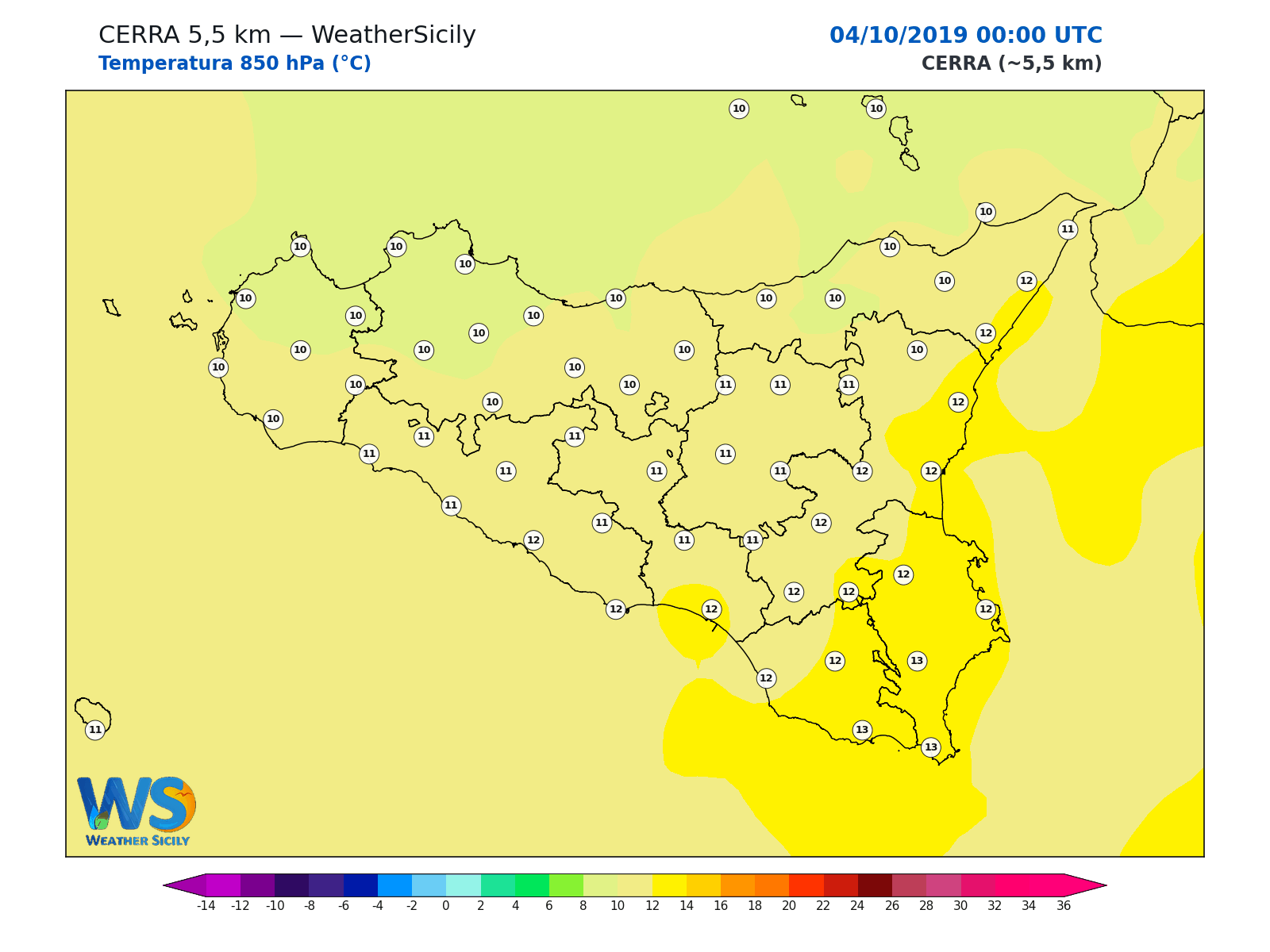 Temperatura a 850 hPa · 2019100400