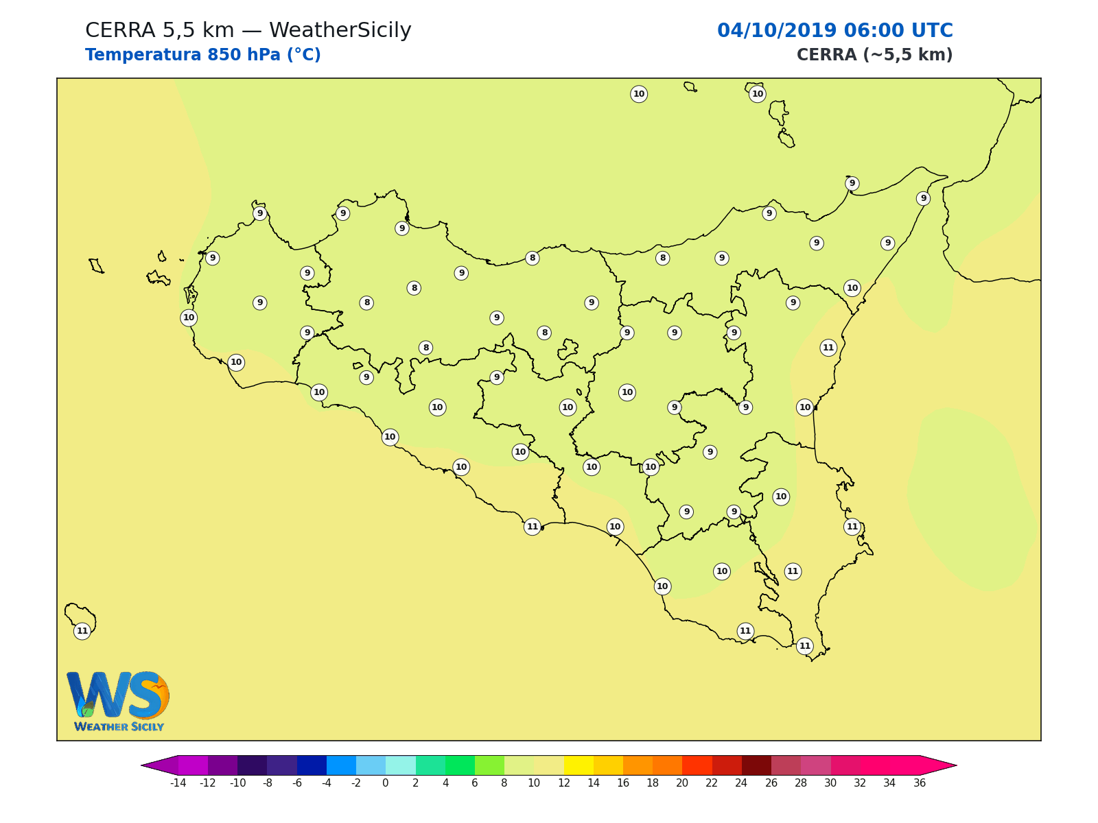 Temperatura a 850 hPa · 2019100406