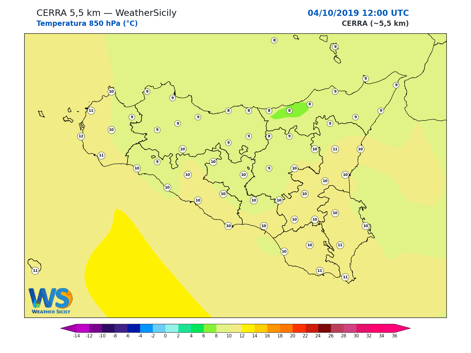 Temperatura a 850 hPa · 2019100412