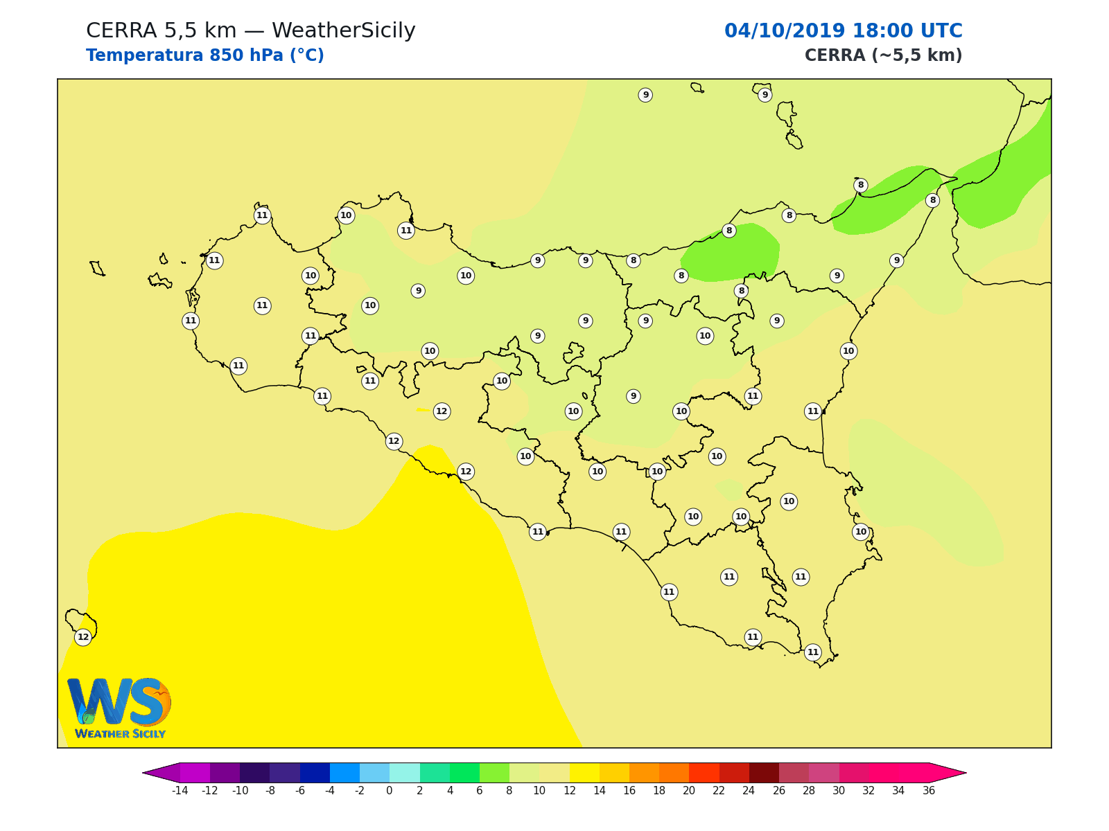Temperatura a 850 hPa · 2019100418