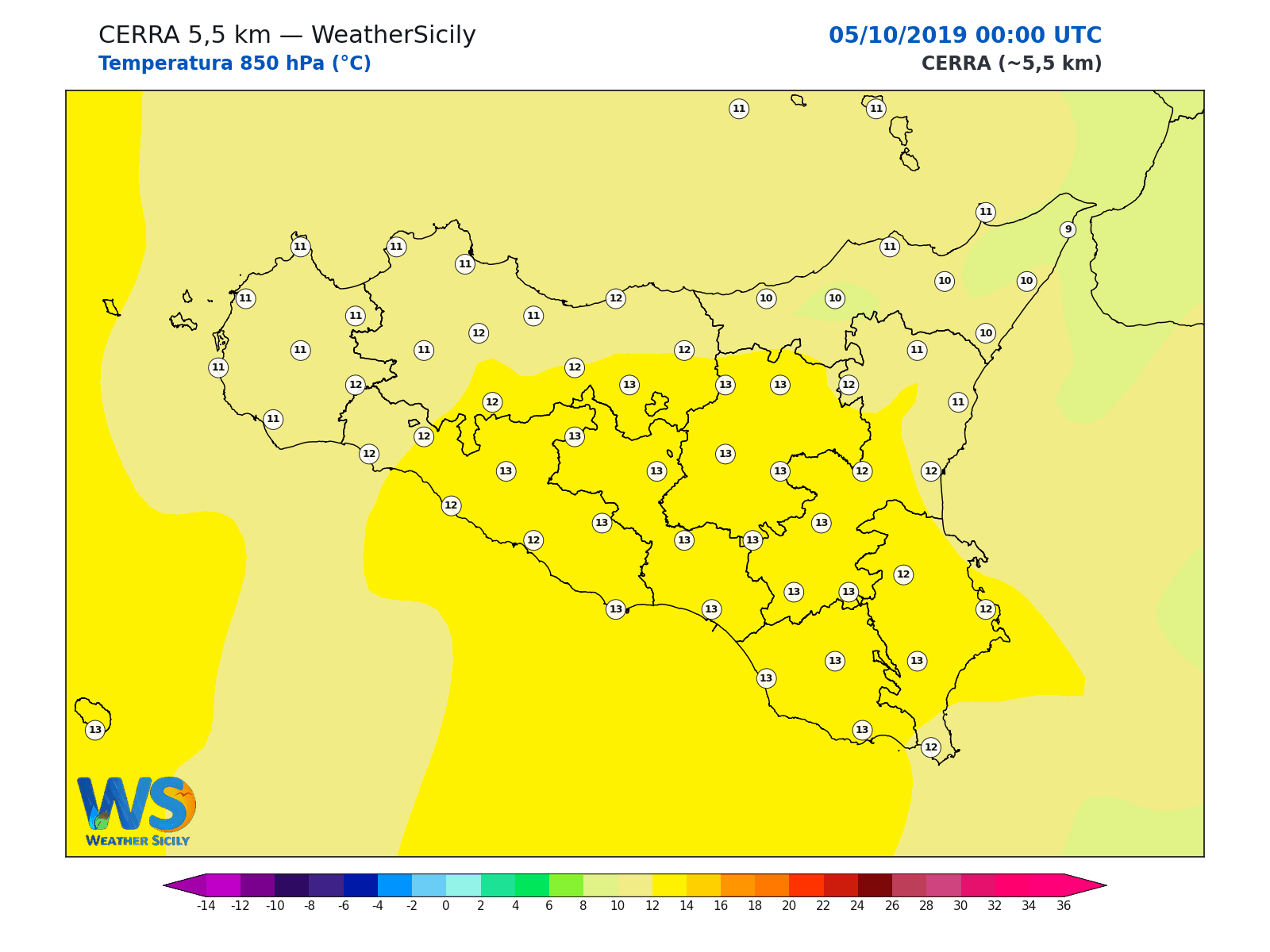 Temperatura a 850 hPa · 2019100500