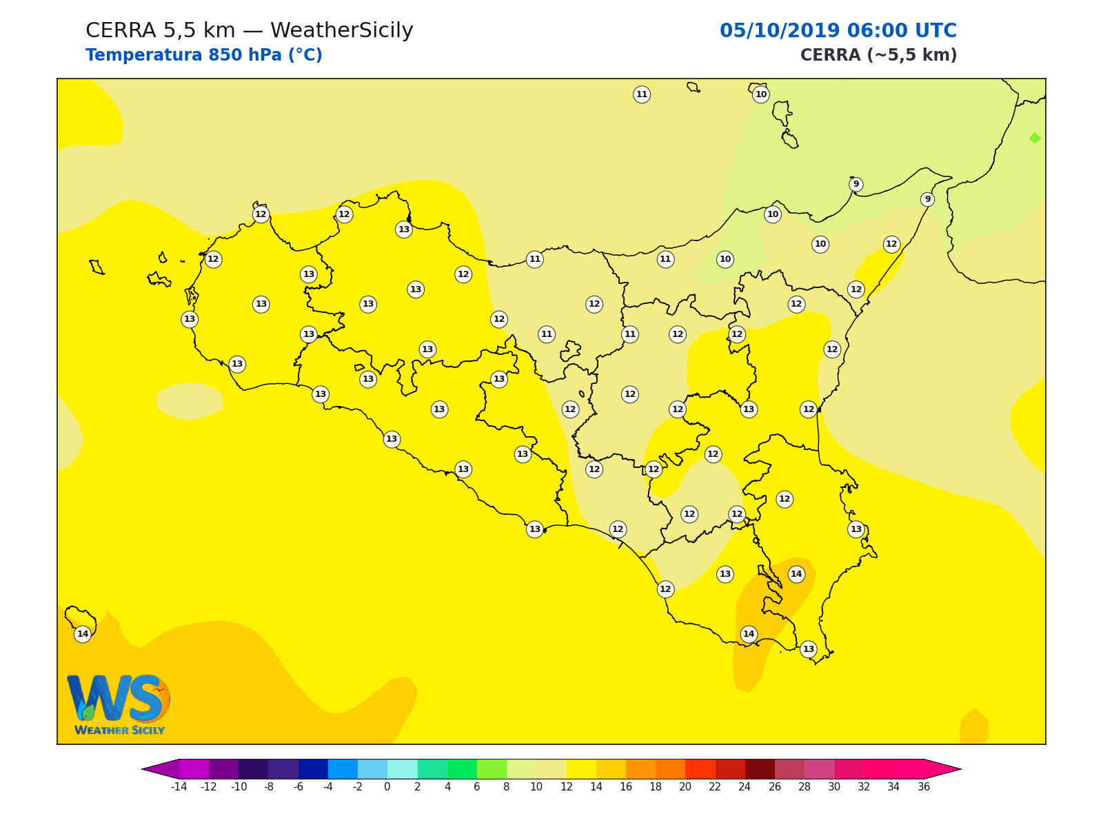 Temperatura a 850 hPa · 2019100506