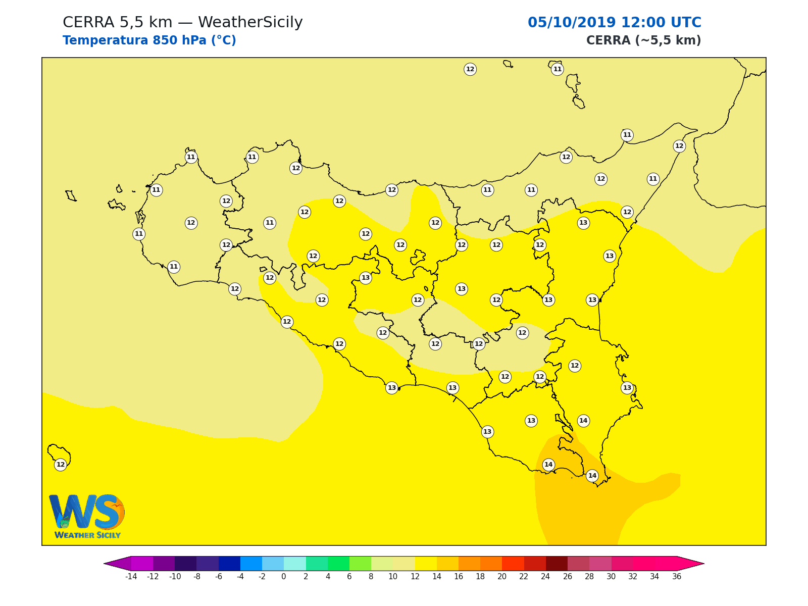 Temperatura a 850 hPa · 2019100512