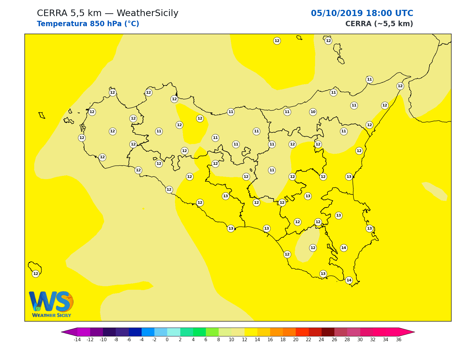 Temperatura a 850 hPa · 2019100518