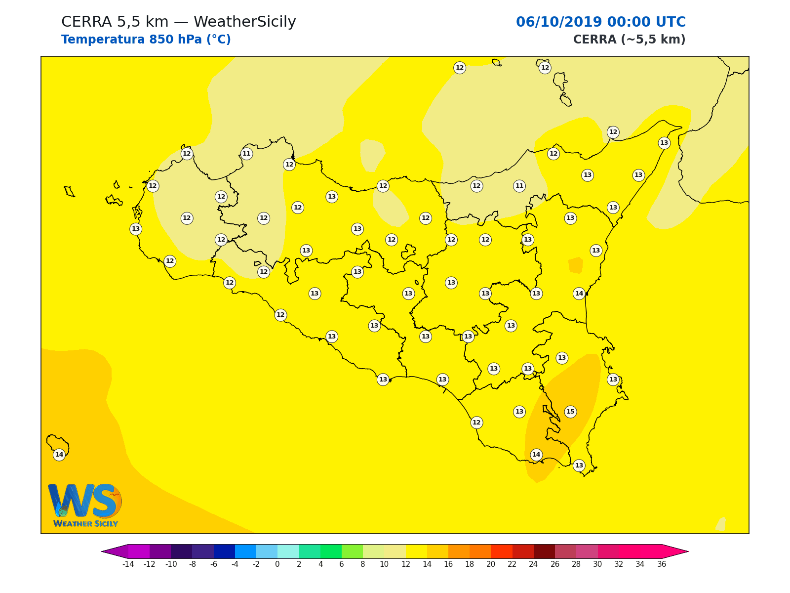 Temperatura a 850 hPa · 2019100600