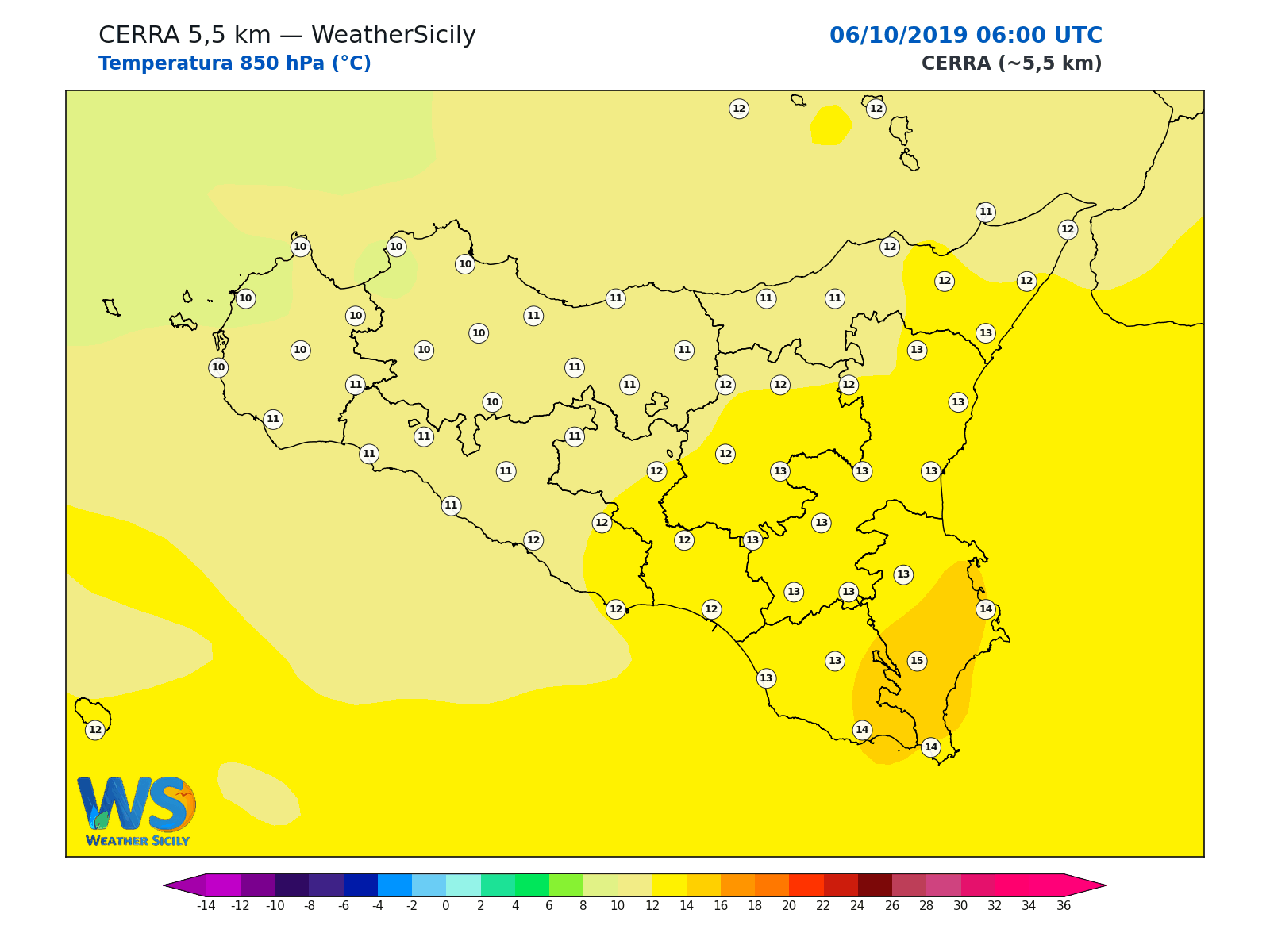 Temperatura a 850 hPa · 2019100606