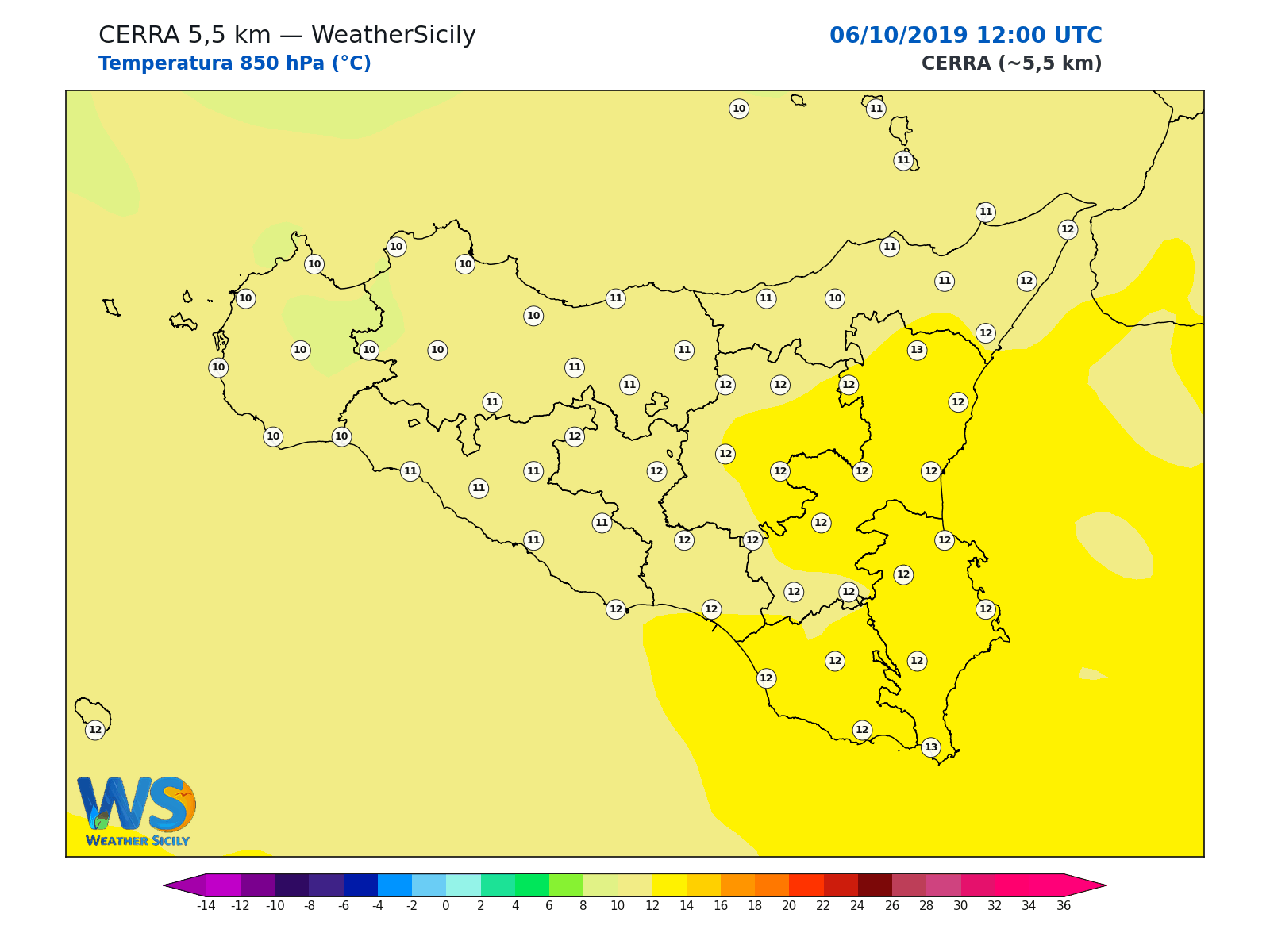 Temperatura a 850 hPa · 2019100612