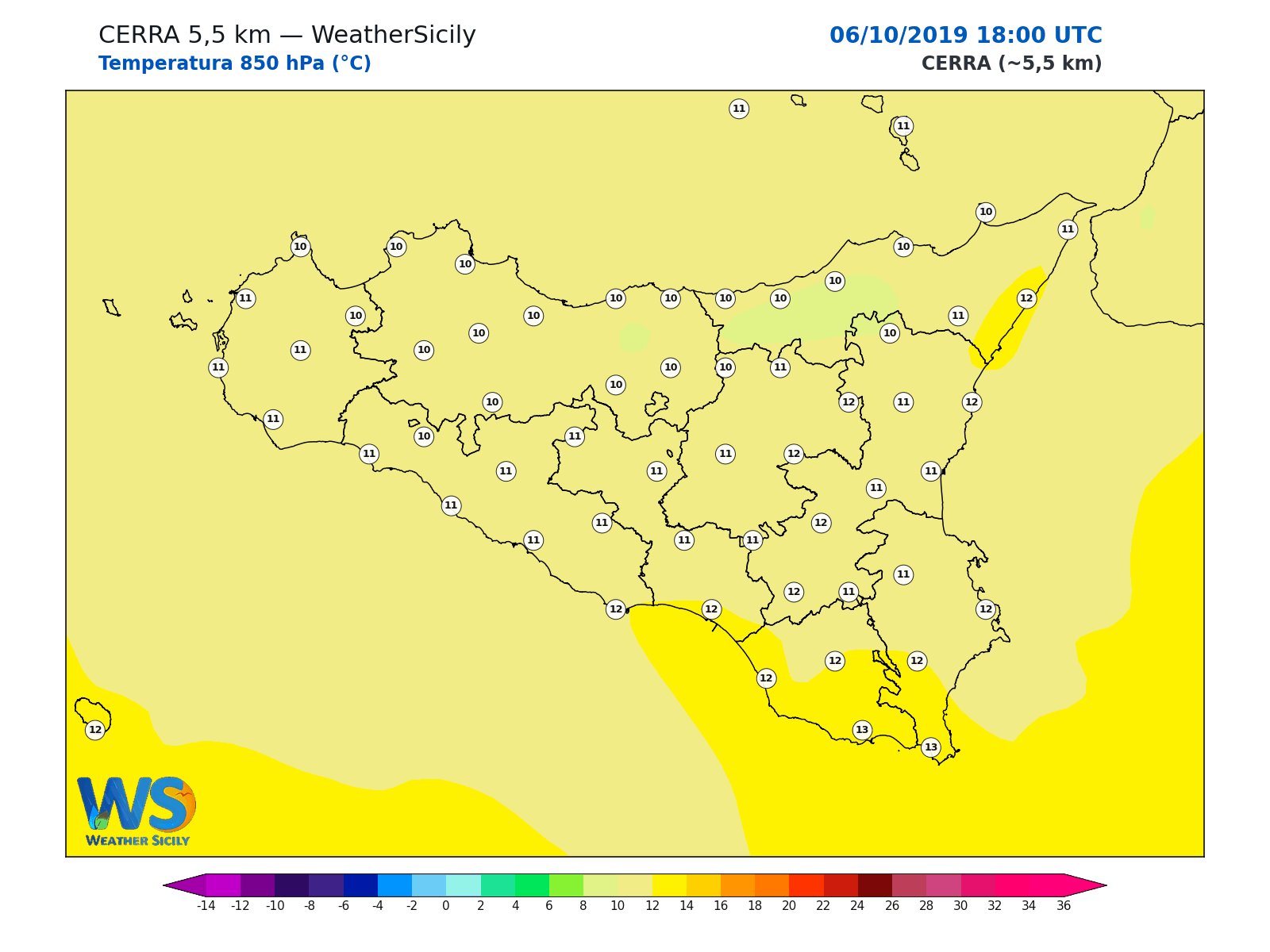 Temperatura a 850 hPa · 2019100618