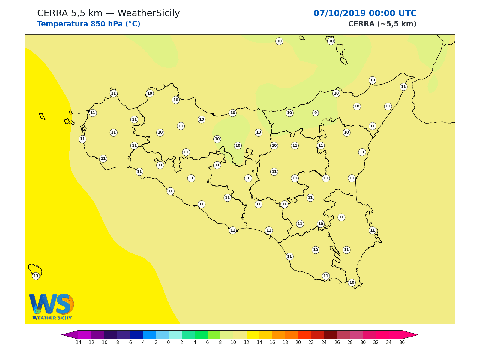 Temperatura a 850 hPa · 2019100700