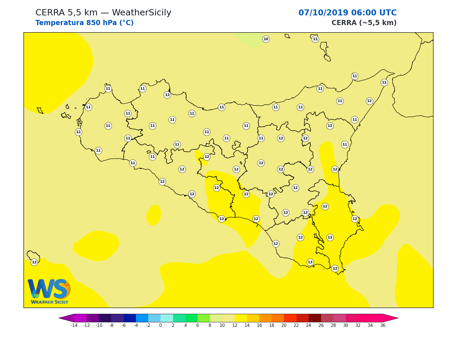 Temperatura a 850 hPa · 2019100706