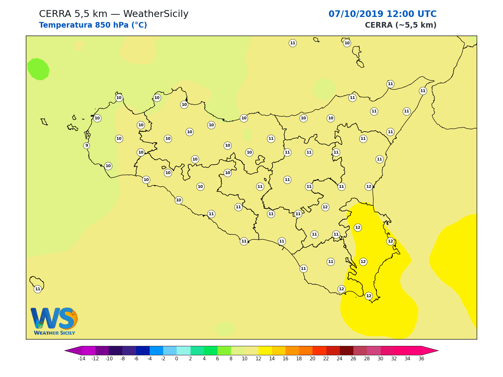 Temperatura a 850 hPa · 2019100712