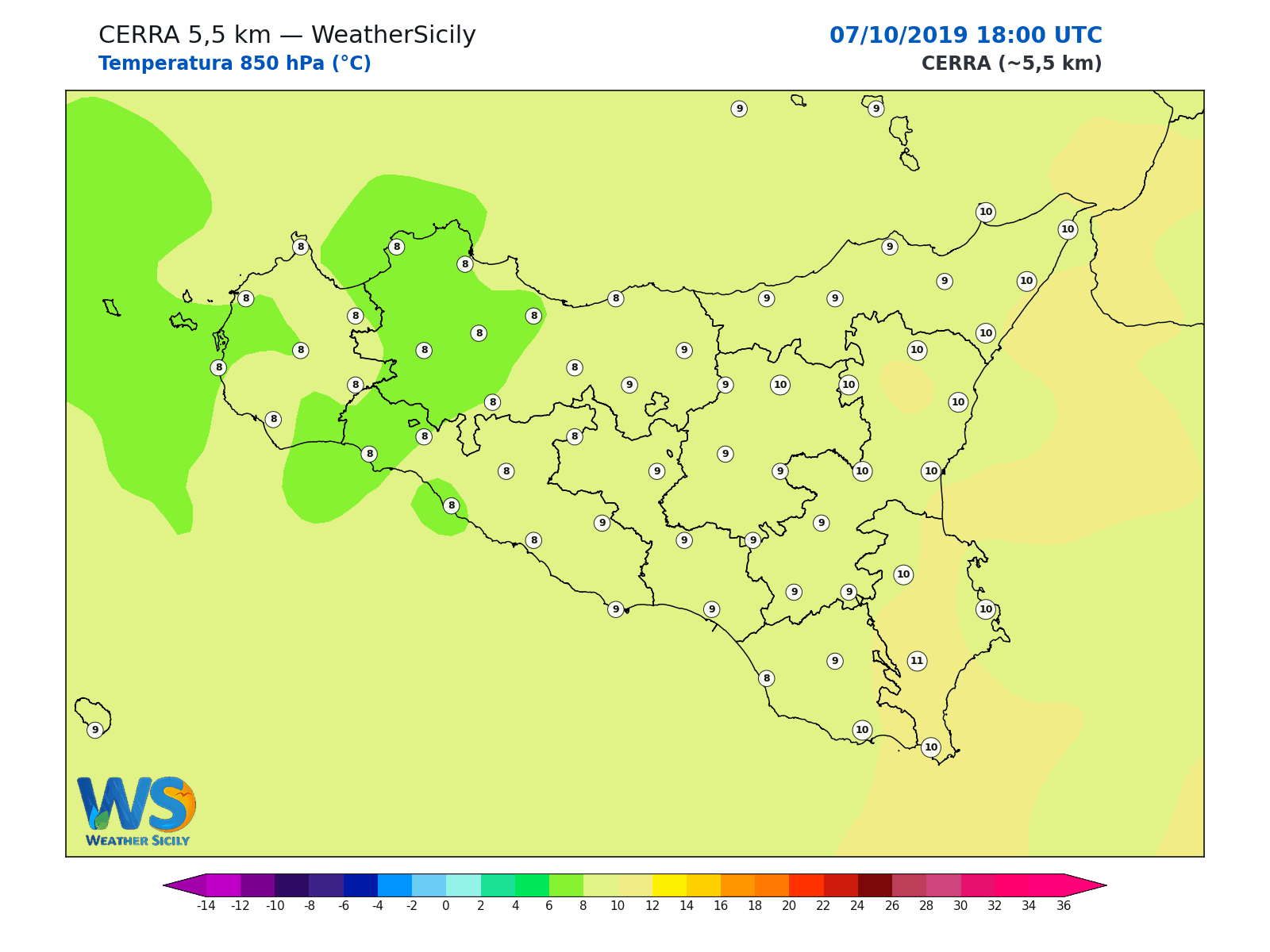 Temperatura a 850 hPa · 2019100718