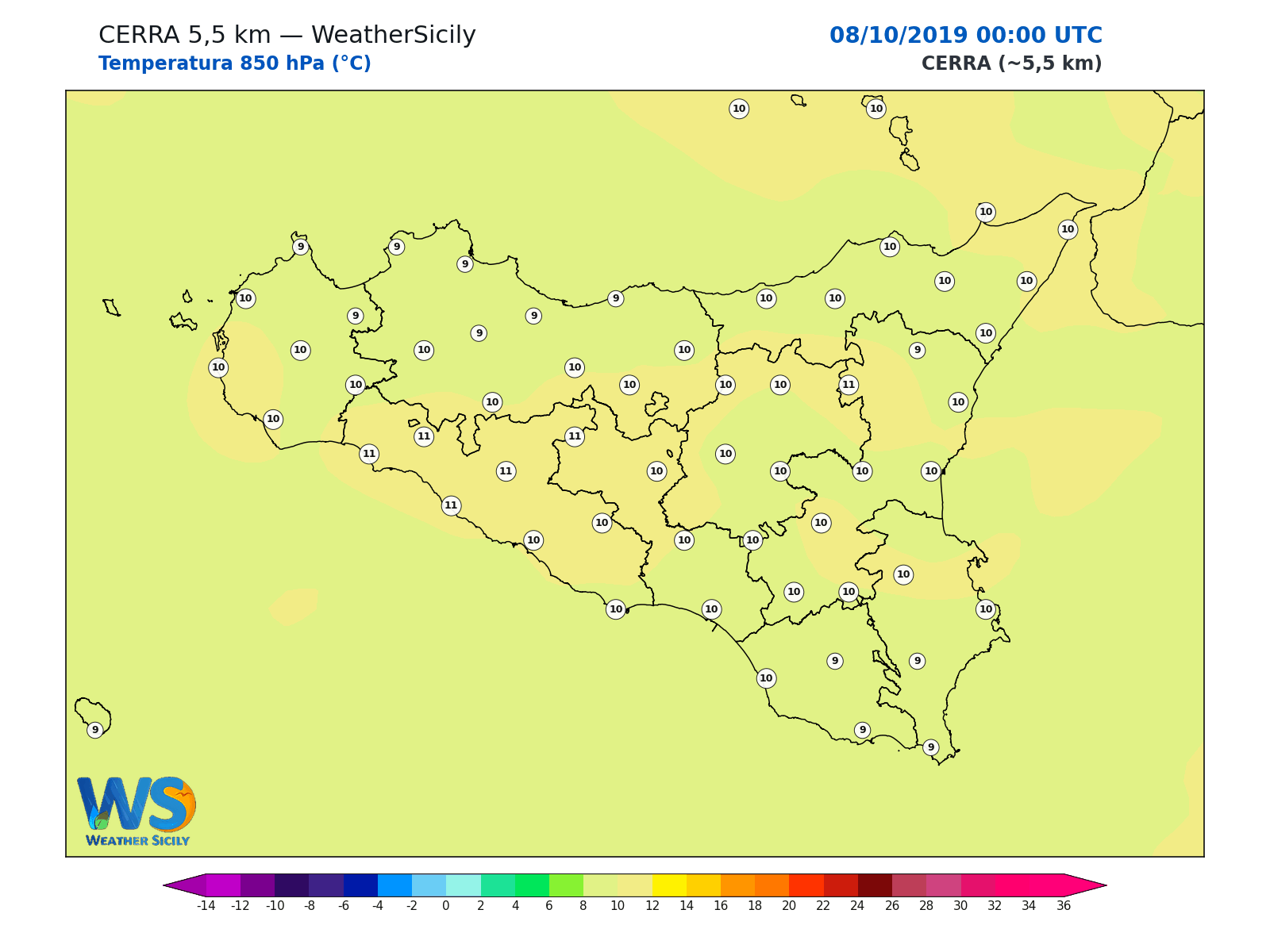 Temperatura a 850 hPa · 2019100800