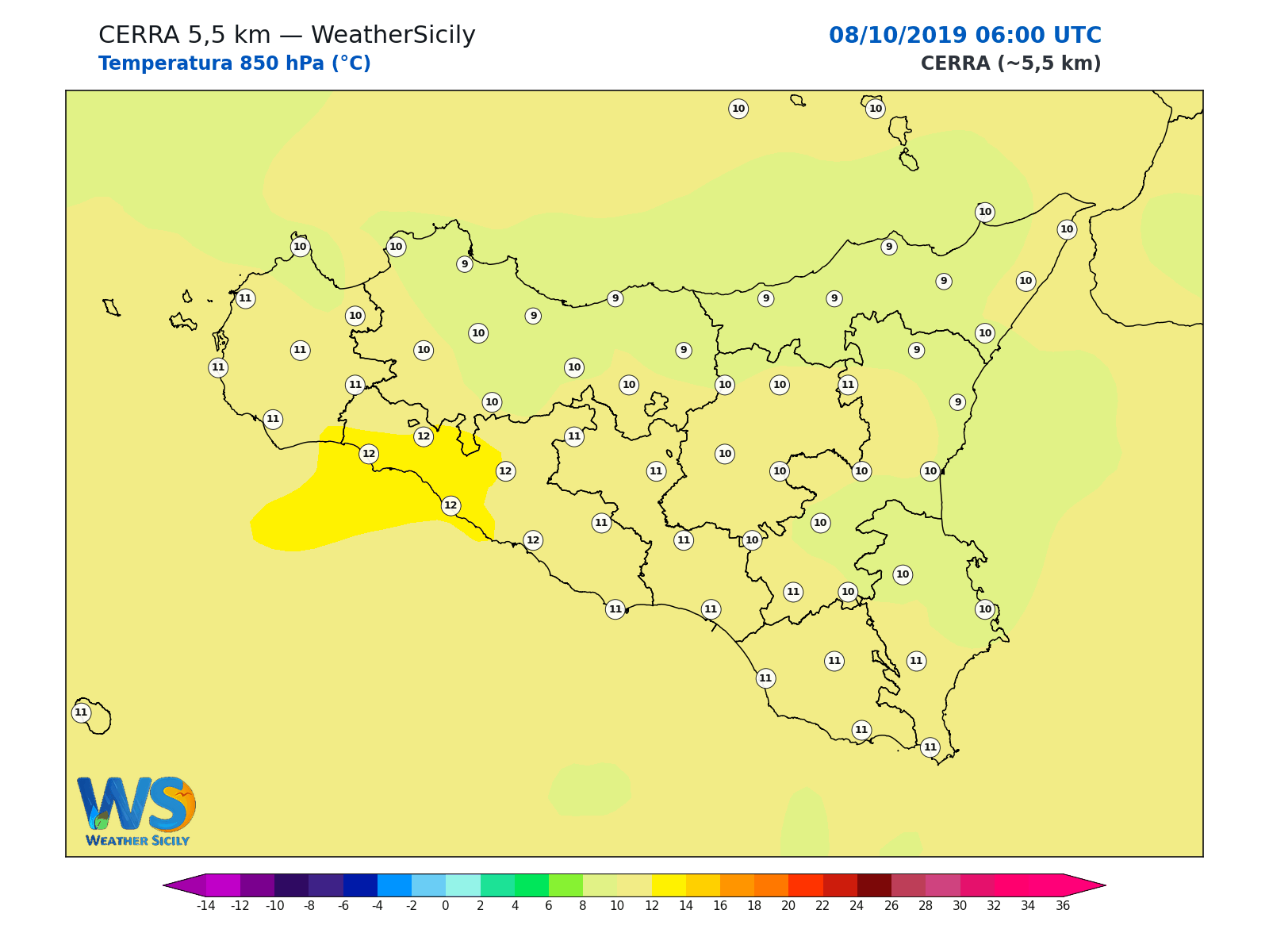 Temperatura a 850 hPa · 2019100806