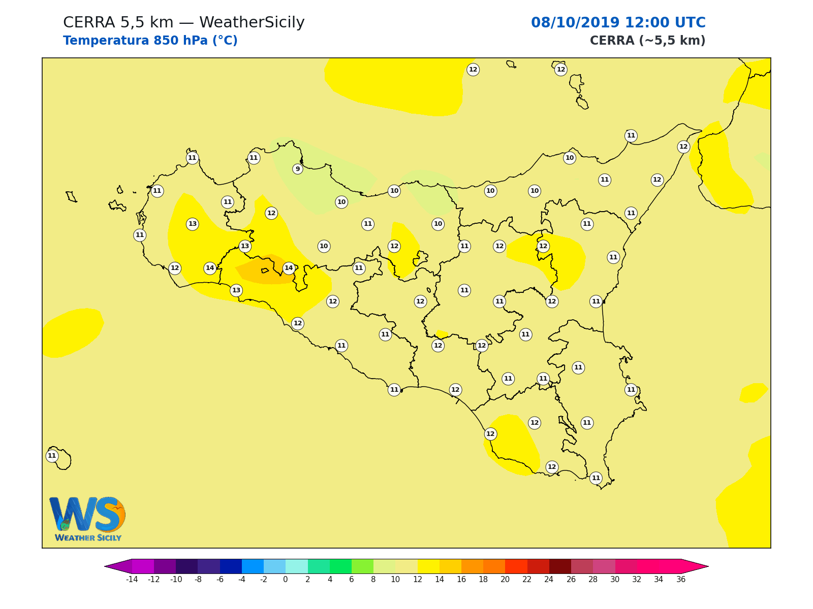 Temperatura a 850 hPa · 2019100812