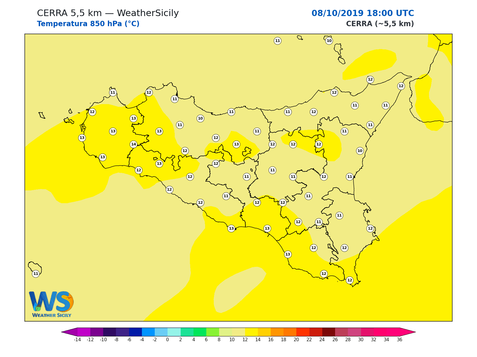 Temperatura a 850 hPa · 2019100818